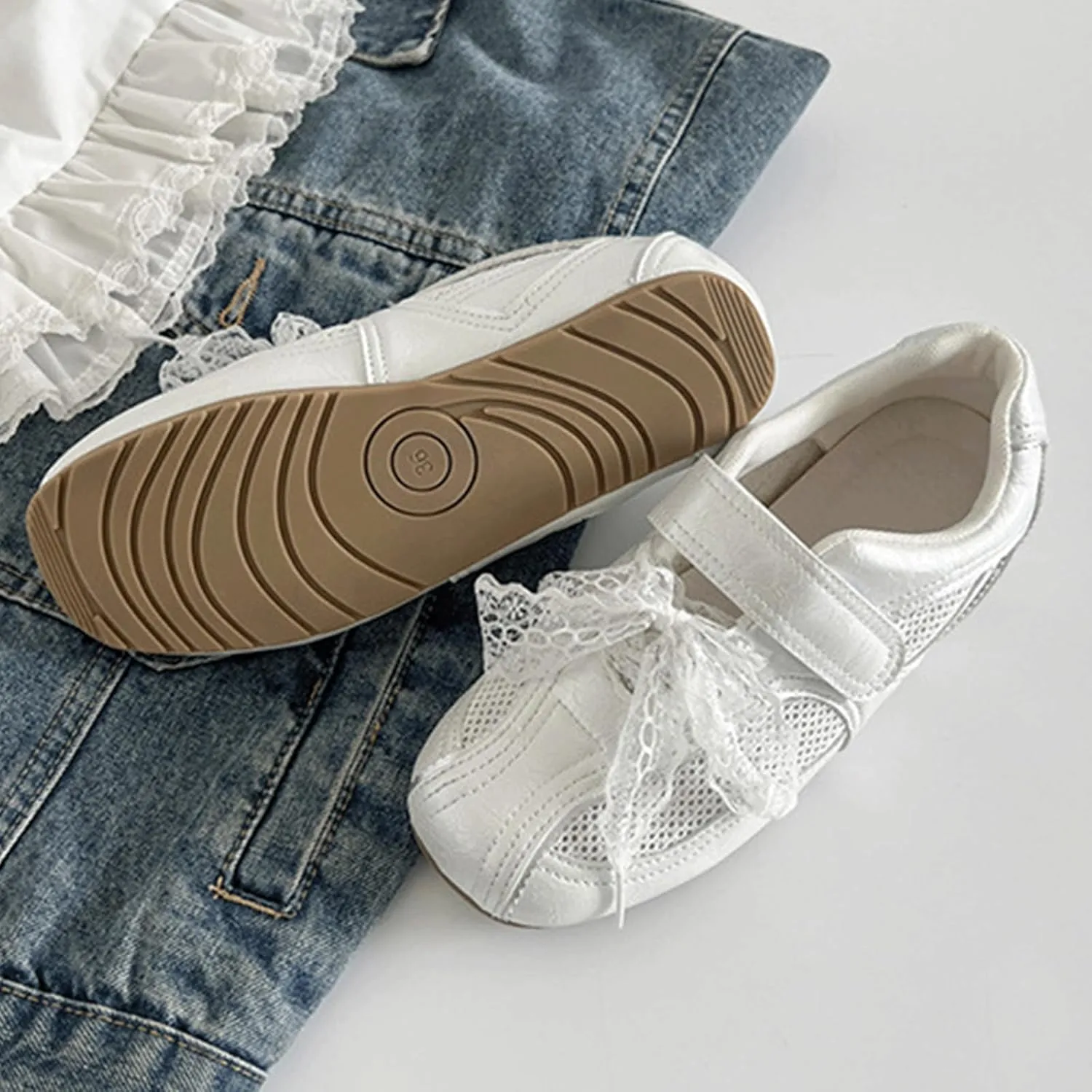 Ballet Sneakers for Woman Leather Trendy Breathable Hook and Loop Ballerina Flats with Lace Ties Wide Box Fancy Cute Ballet Shoes Soft Outwear 2025 Spring Summer