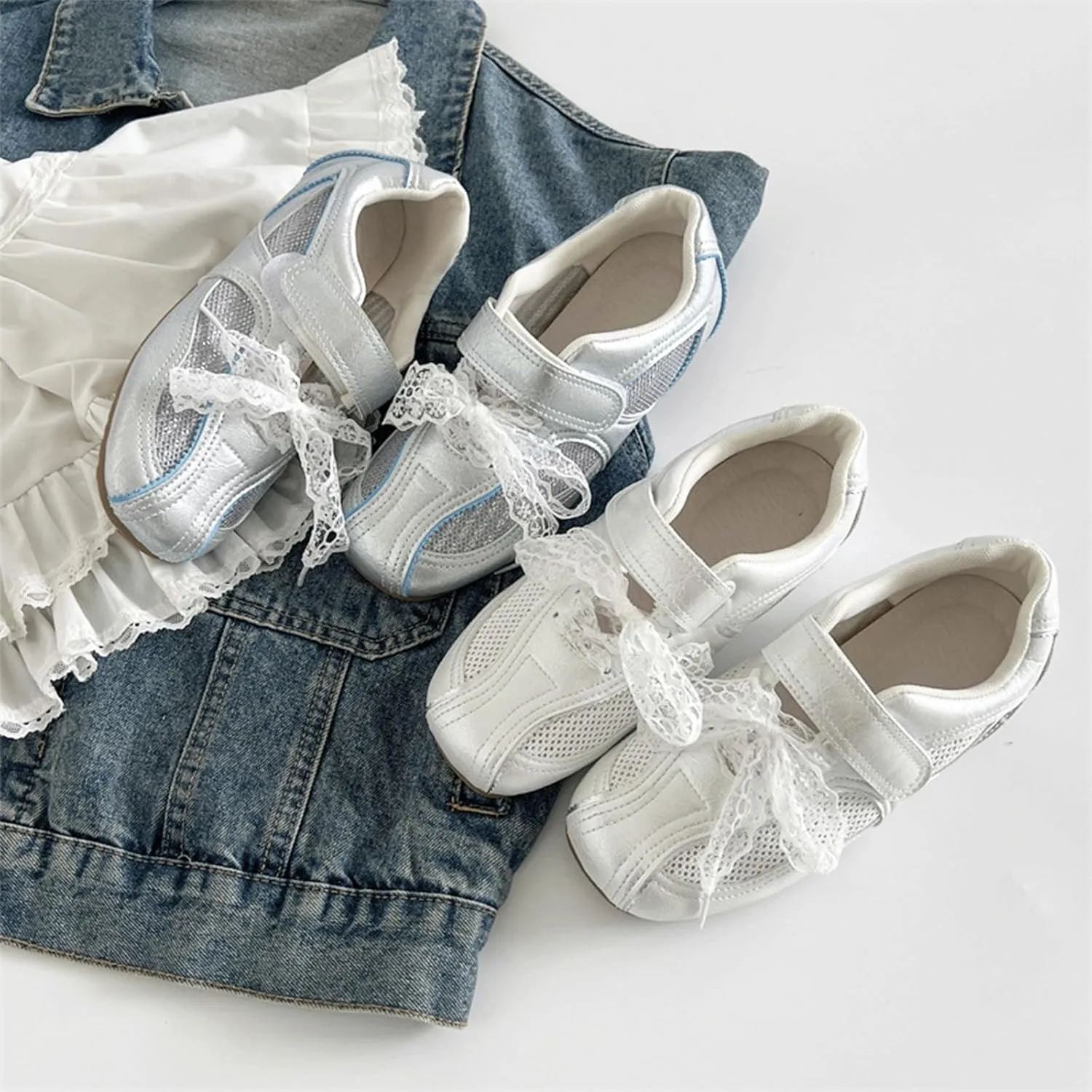 Ballet Sneakers for Woman Leather Trendy Breathable Hook and Loop Ballerina Flats with Lace Ties Wide Box Fancy Cute Ballet Shoes Soft Outwear 2025 Spring Summer