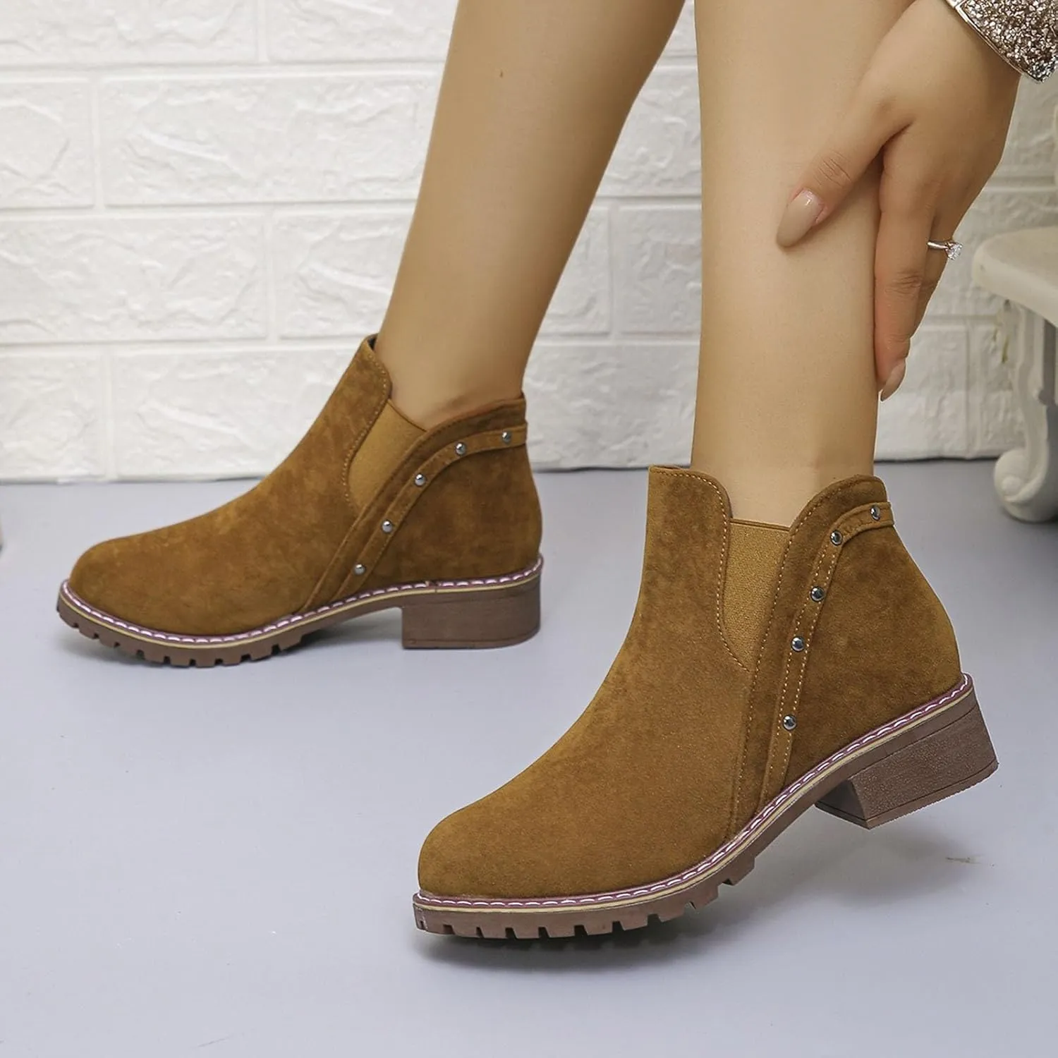 Boots for Women 2024 Women's Ankle Boots Chunky Low Heel Chelsea Booties Slip On Elastic Fall Short Boots