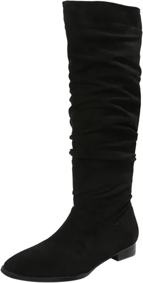 Boots For Women Suede Pleated Thigh High Boots Pull On Knee High Boots Mid Calf Bootie Winter Boots