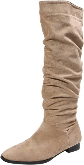 Boots For Women Suede Pleated Thigh High Boots Pull On Knee High Boots Mid Calf Bootie Winter Boots
