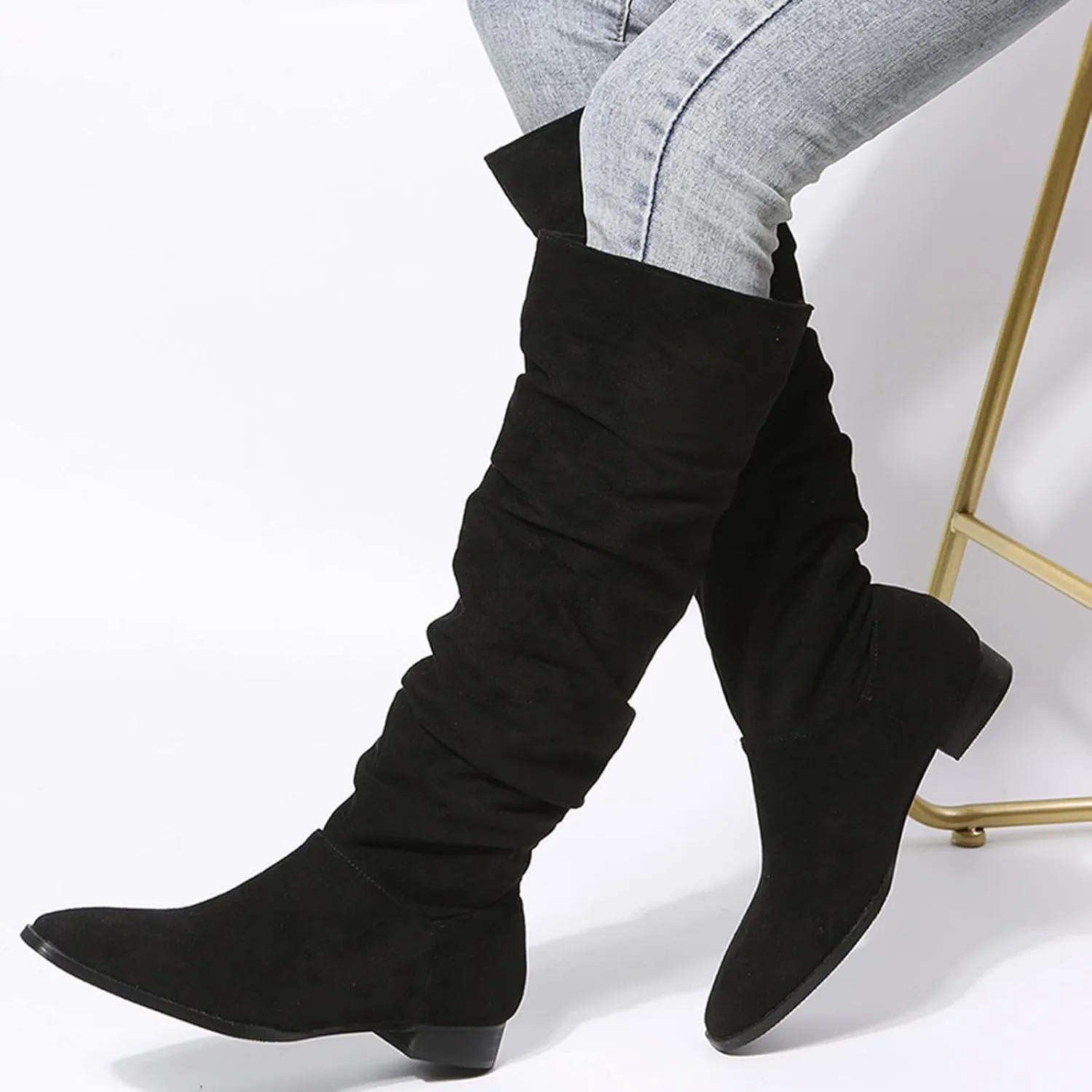 Boots For Women Suede Pleated Thigh High Boots Pull On Knee High Boots Mid Calf Bootie Winter Boots
