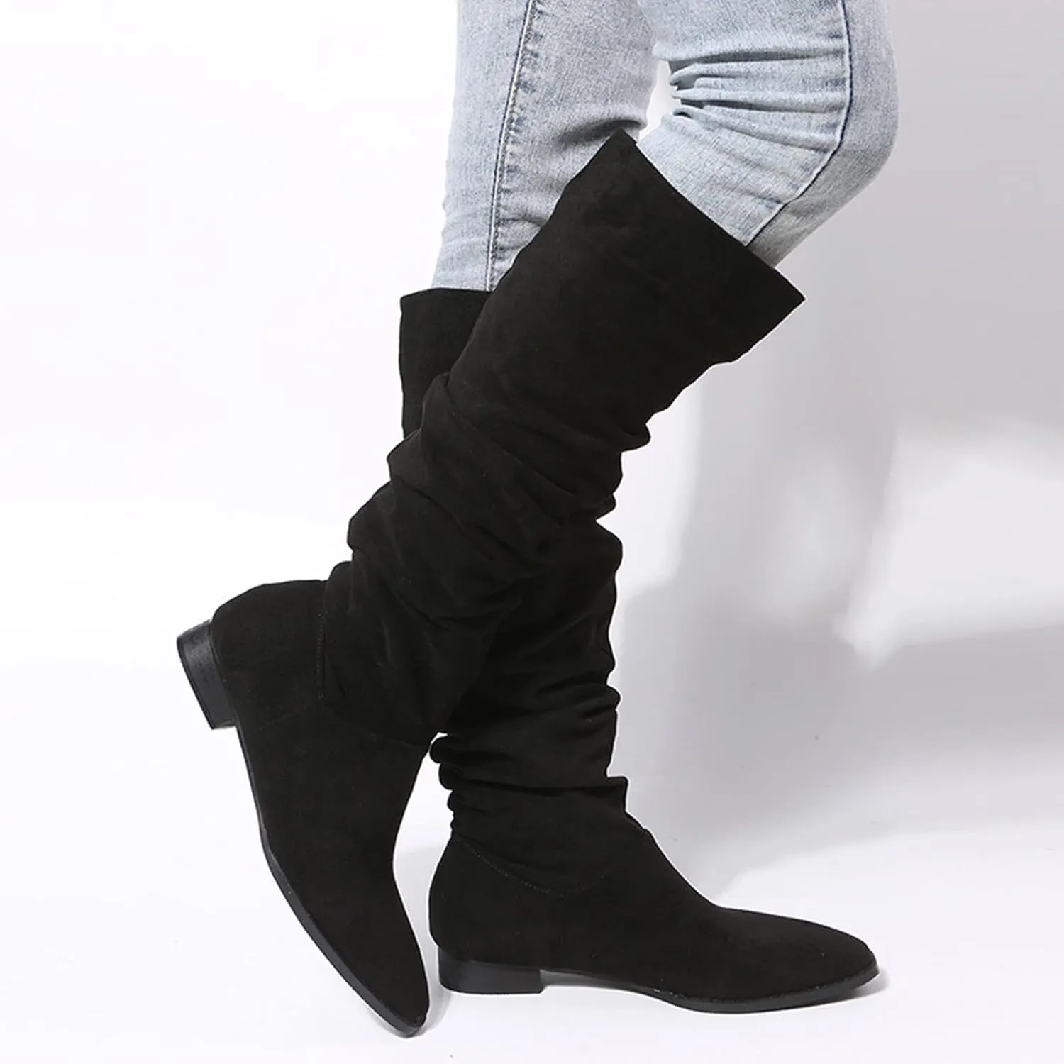 Boots For Women Suede Pleated Thigh High Boots Pull On Knee High Boots Mid Calf Bootie Winter Boots