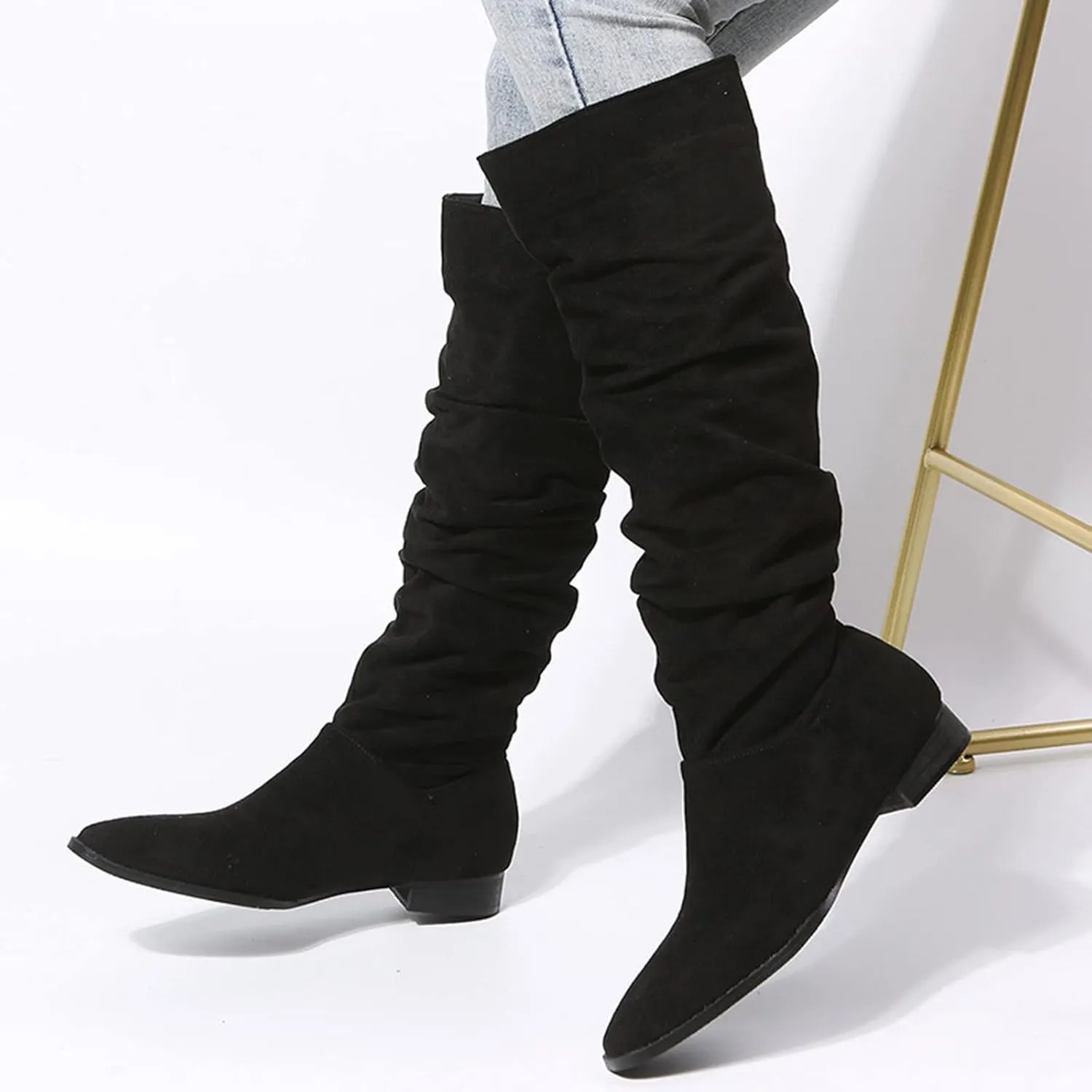 Boots For Women Suede Pleated Thigh High Boots Pull On Knee High Boots Mid Calf Bootie Winter Boots
