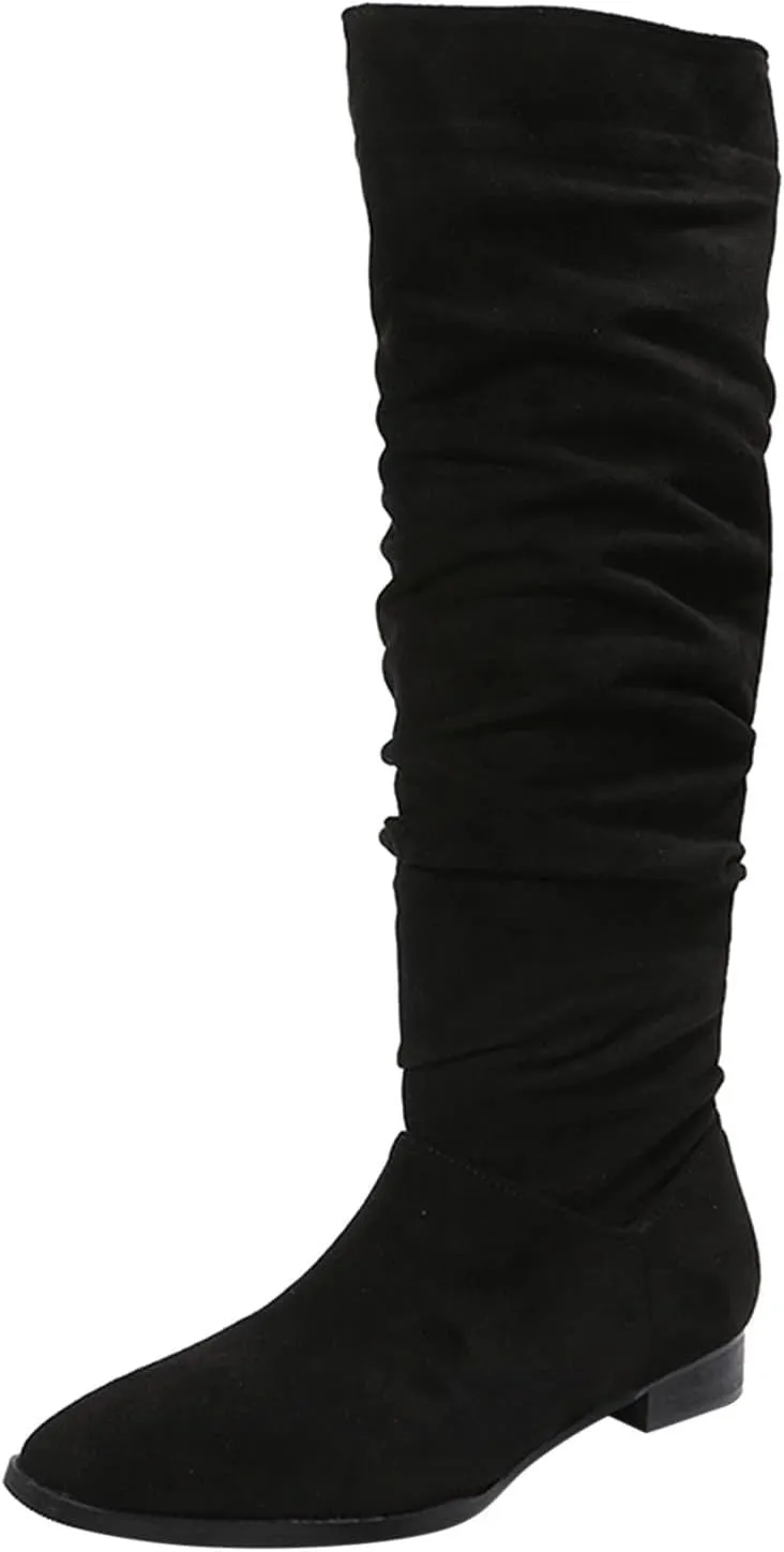 Boots For Women Suede Pleated Thigh High Boots Pull On Knee High Boots Mid Calf Bootie Winter Boots