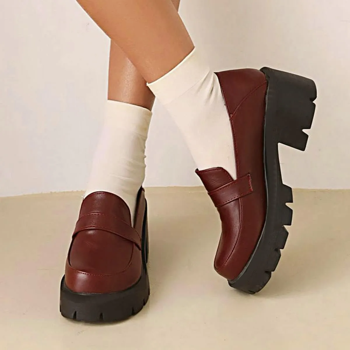 ClassicSter Womens Chunky Mid Heel Penny Loafers Round Toe Platform Slip On Uniform Shoes