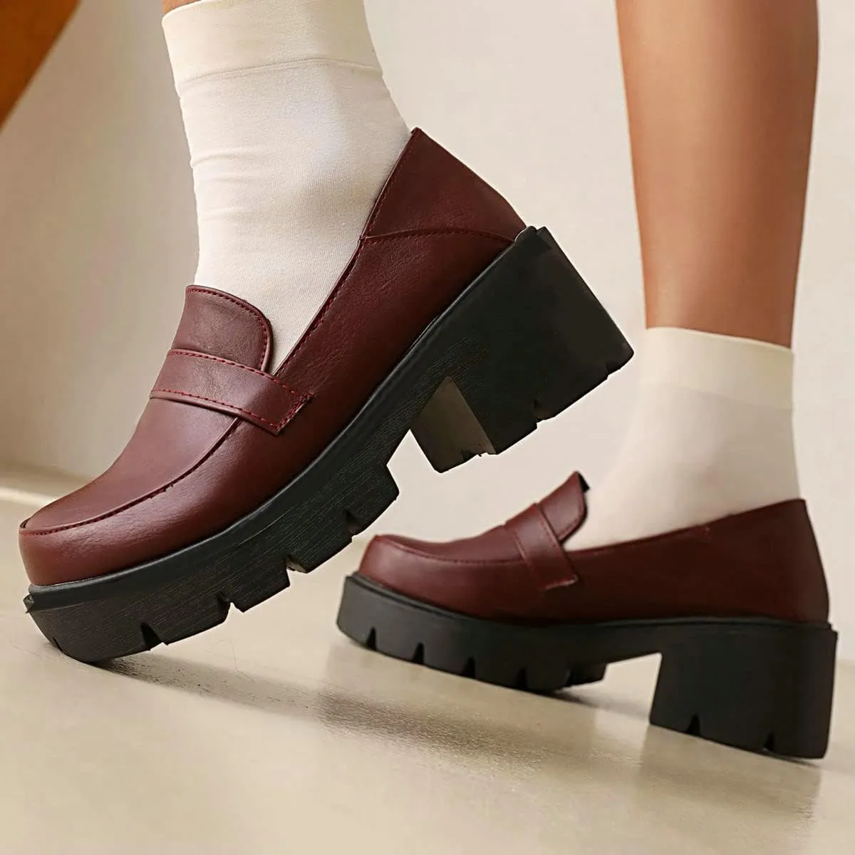 ClassicSter Womens Chunky Mid Heel Penny Loafers Round Toe Platform Slip On Uniform Shoes