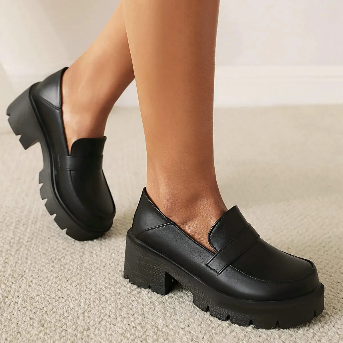 ClassicSter Womens Chunky Mid Heel Penny Loafers Round Toe Platform Slip On Uniform Shoes