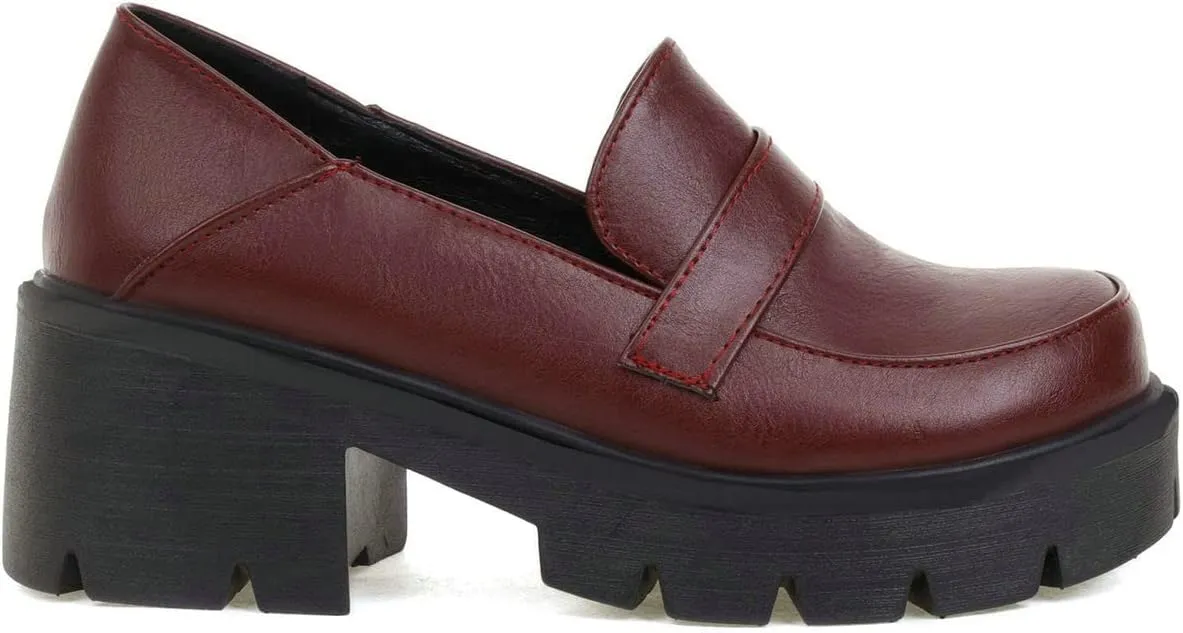 ClassicSter Womens Chunky Mid Heel Penny Loafers Round Toe Platform Slip On Uniform Shoes