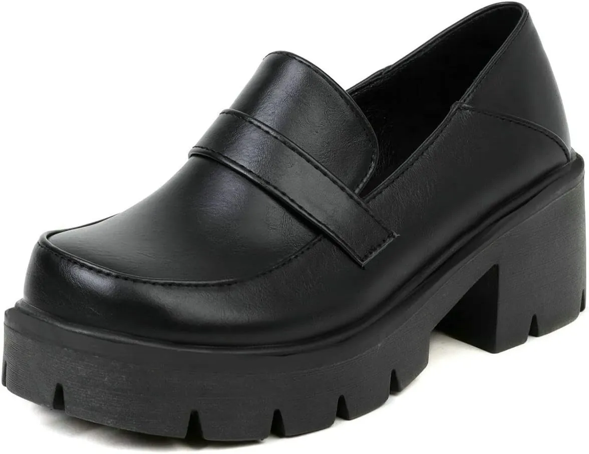 ClassicSter Womens Chunky Mid Heel Penny Loafers Round Toe Platform Slip On Uniform Shoes