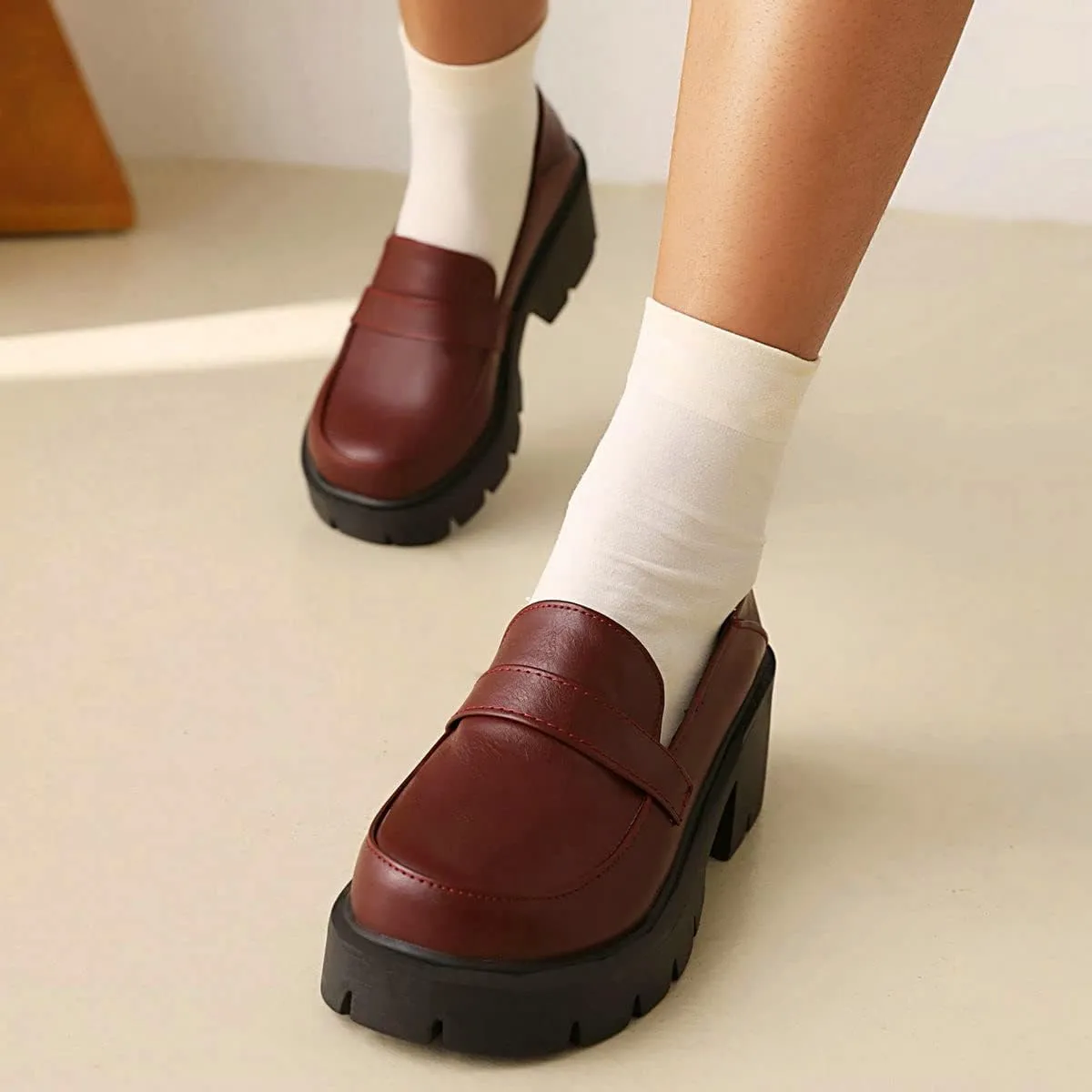 ClassicSter Womens Chunky Mid Heel Penny Loafers Round Toe Platform Slip On Uniform Shoes