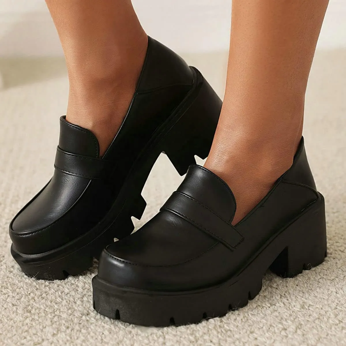 ClassicSter Womens Chunky Mid Heel Penny Loafers Round Toe Platform Slip On Uniform Shoes