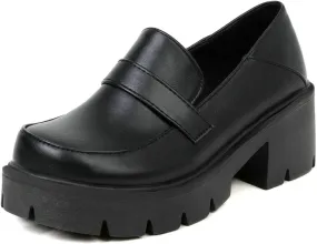 ClassicSter Womens Chunky Mid Heel Penny Loafers Round Toe Platform Slip On Uniform Shoes