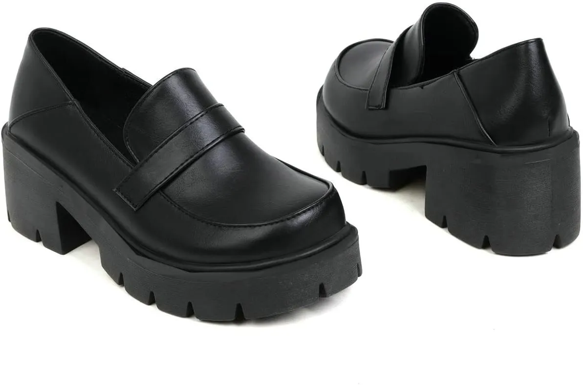 ClassicSter Womens Chunky Mid Heel Penny Loafers Round Toe Platform Slip On Uniform Shoes
