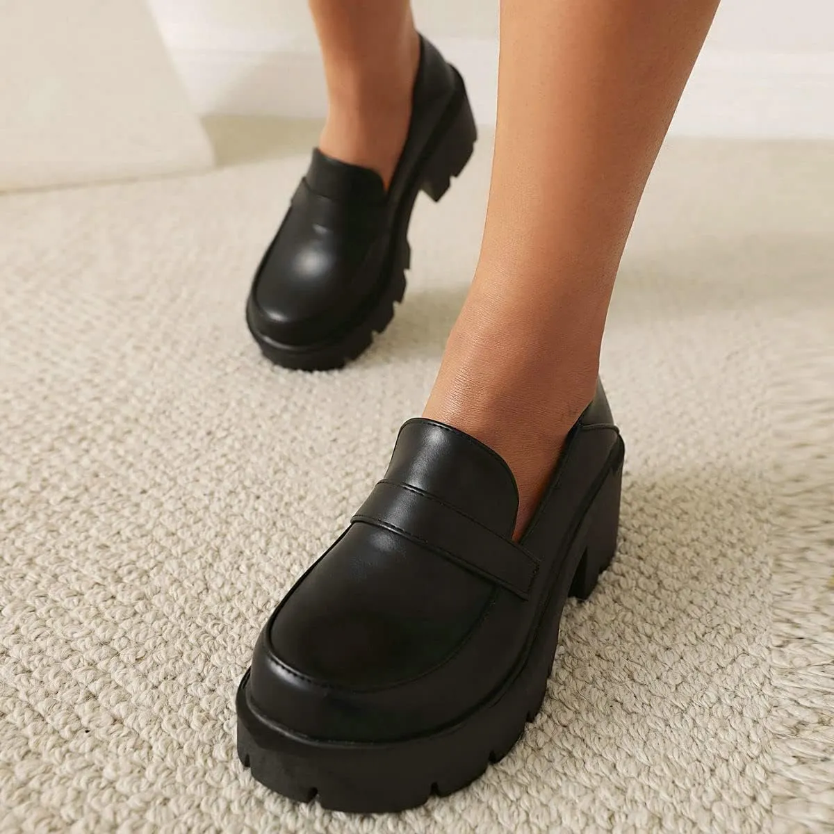 ClassicSter Womens Chunky Mid Heel Penny Loafers Round Toe Platform Slip On Uniform Shoes