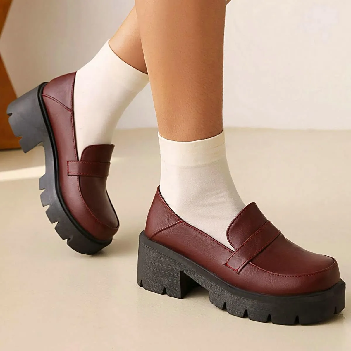 ClassicSter Womens Chunky Mid Heel Penny Loafers Round Toe Platform Slip On Uniform Shoes