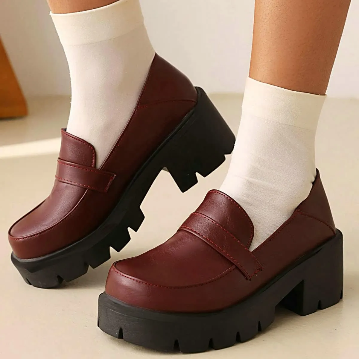 ClassicSter Womens Chunky Mid Heel Penny Loafers Round Toe Platform Slip On Uniform Shoes