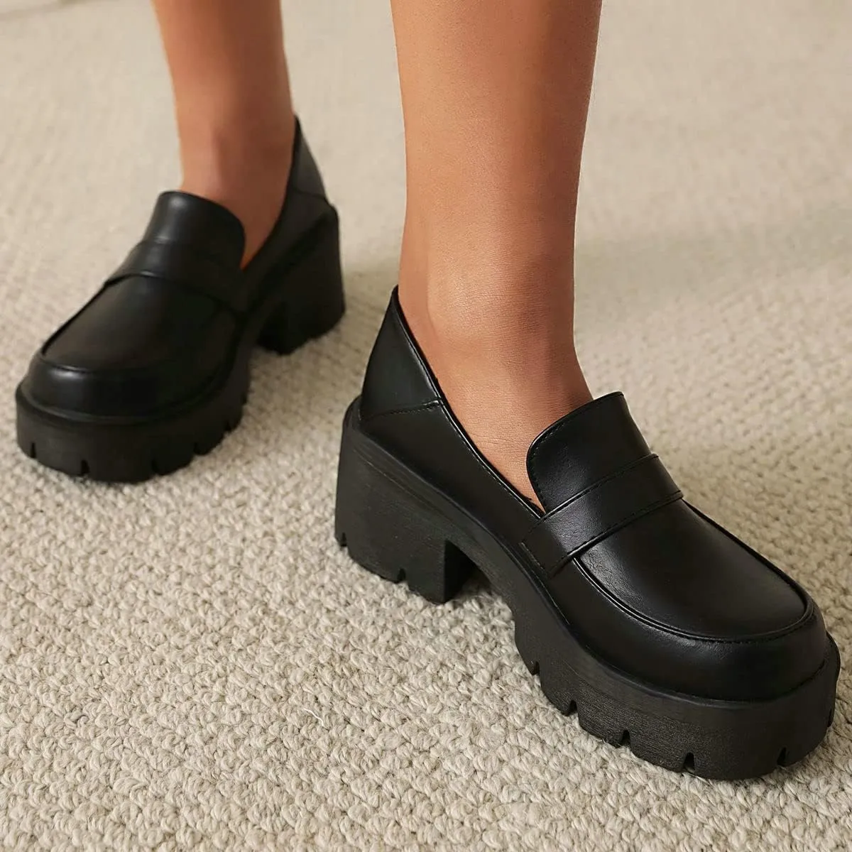 ClassicSter Womens Chunky Mid Heel Penny Loafers Round Toe Platform Slip On Uniform Shoes