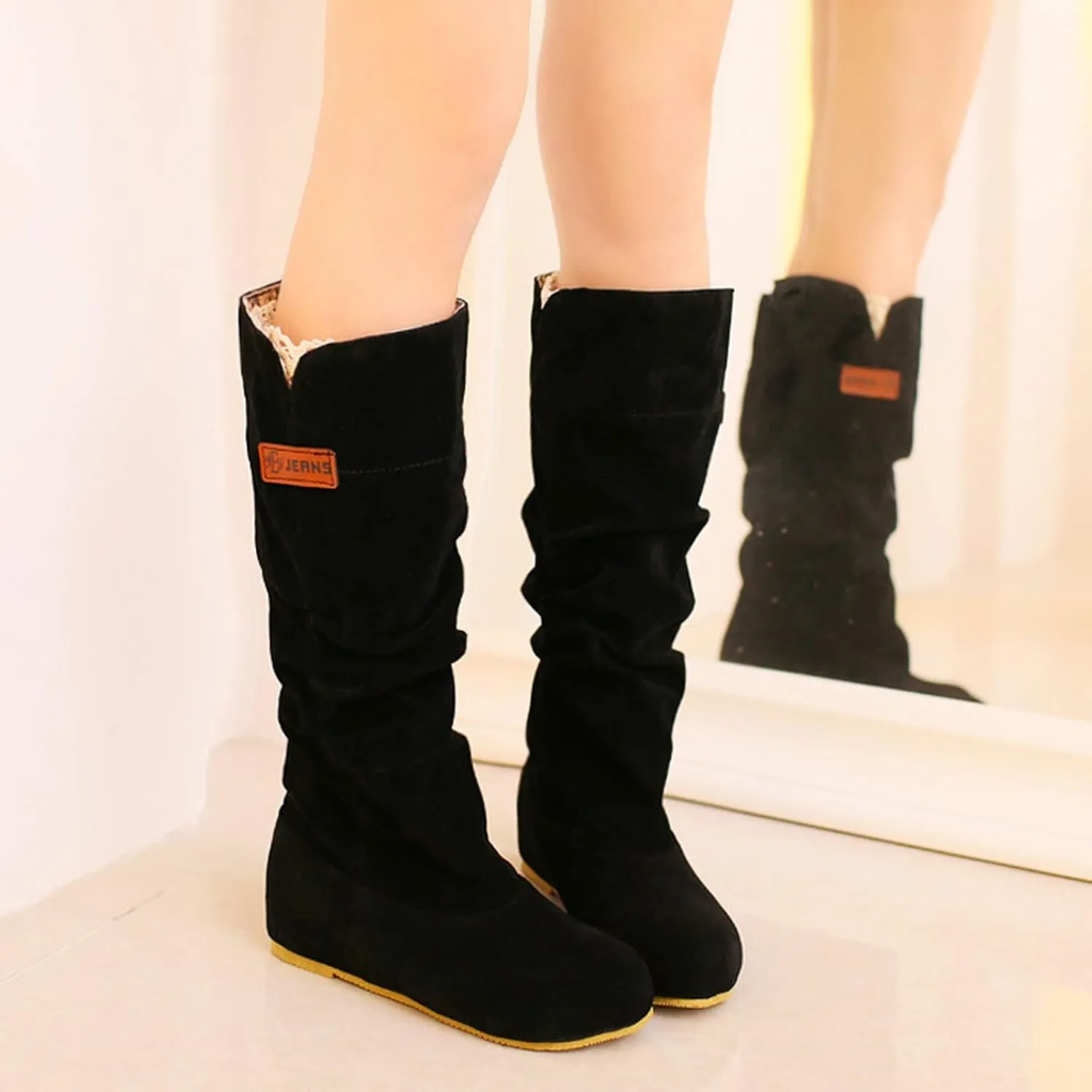 Cowboy Boots For Women Pull On Flat Thigh High Boots Suede Mid-Calf Knee High Boots Fall Work Tall Long Bootie