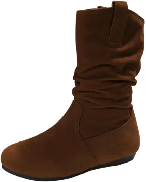 Cowboy Boots For Women Suede Flats Mid Calf Boots Pleated Thigh High Boots Pull On Winter Winter Warm Bootie