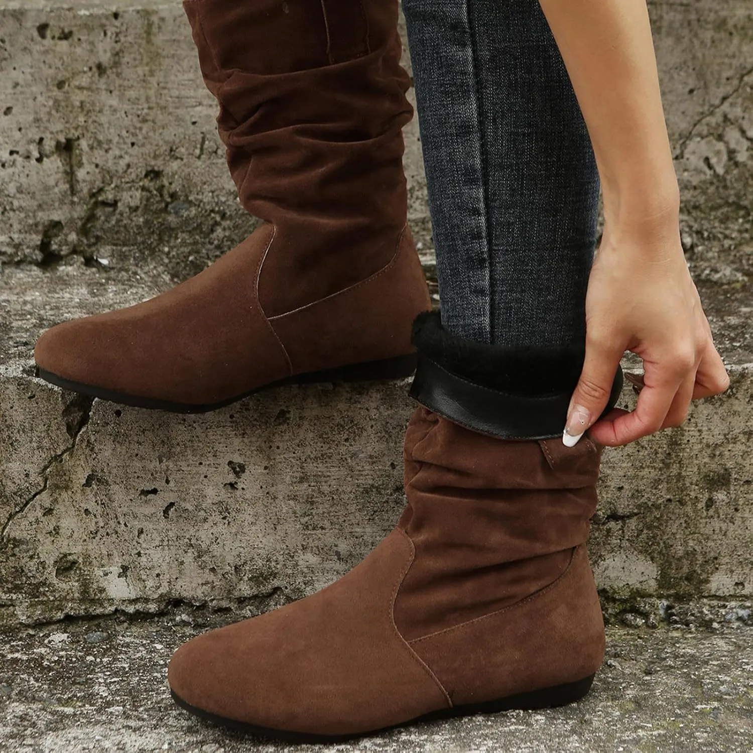 Cowboy Boots For Women Suede Flats Mid Calf Boots Pleated Thigh High Boots Pull On Winter Winter Warm Bootie