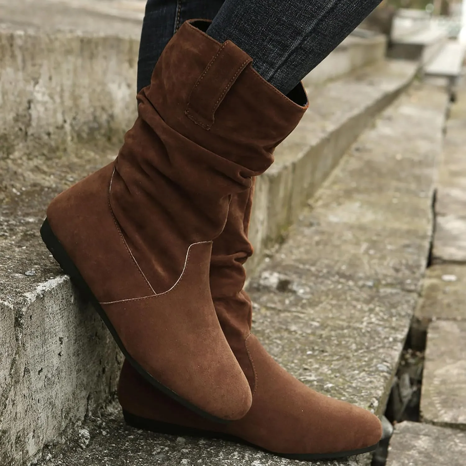 Cowboy Boots For Women Suede Flats Mid Calf Boots Pleated Thigh High Boots Pull On Winter Winter Warm Bootie