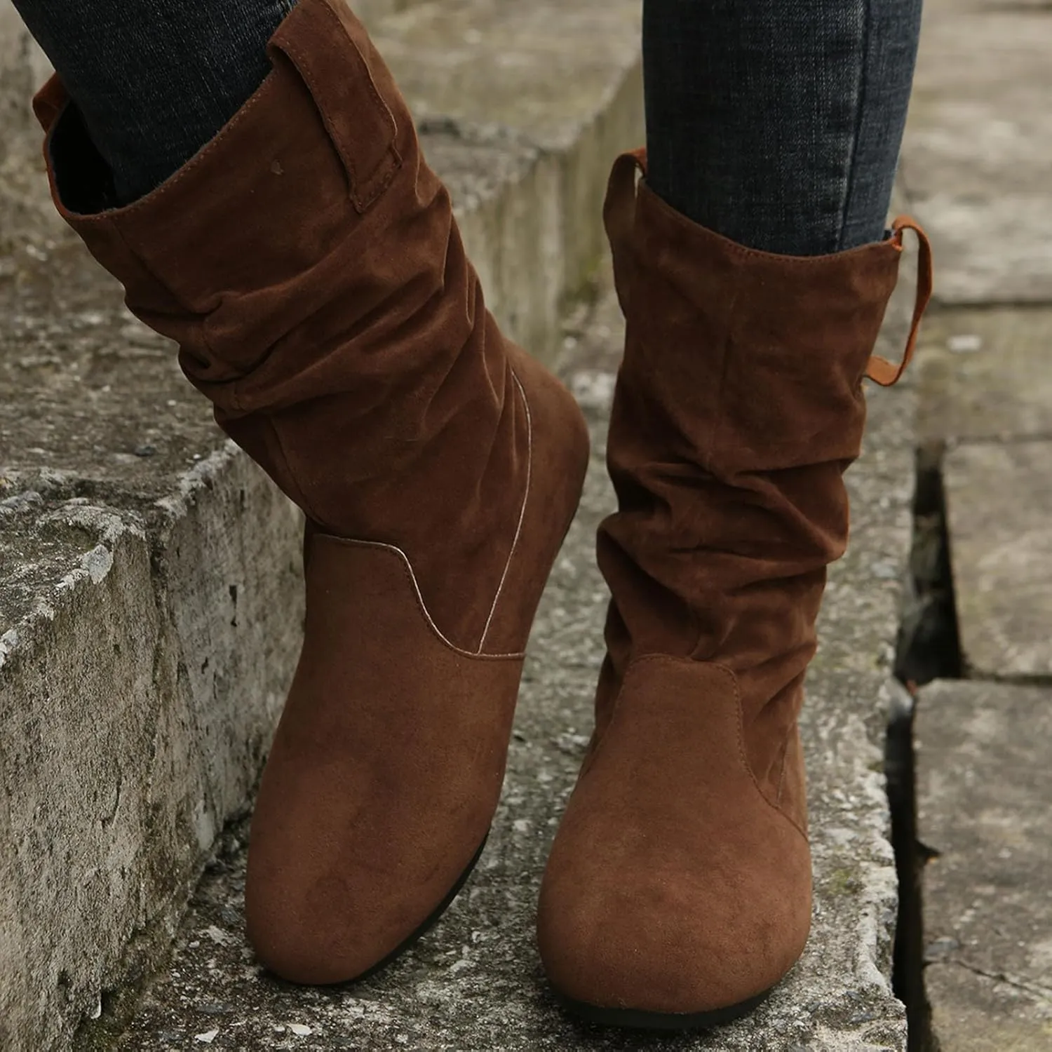 Cowboy Boots For Women Suede Flats Mid Calf Boots Pleated Thigh High Boots Pull On Winter Winter Warm Bootie