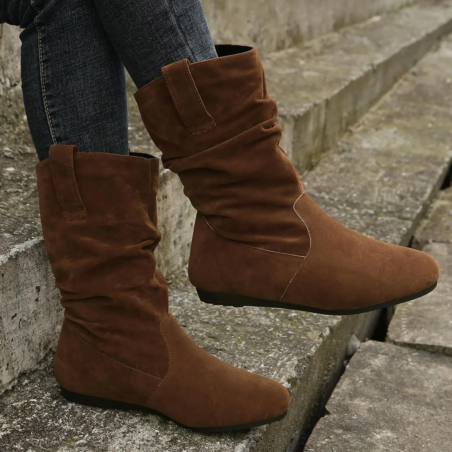 Cowboy Boots For Women Suede Flats Mid Calf Boots Pleated Thigh High Boots Pull On Winter Winter Warm Bootie