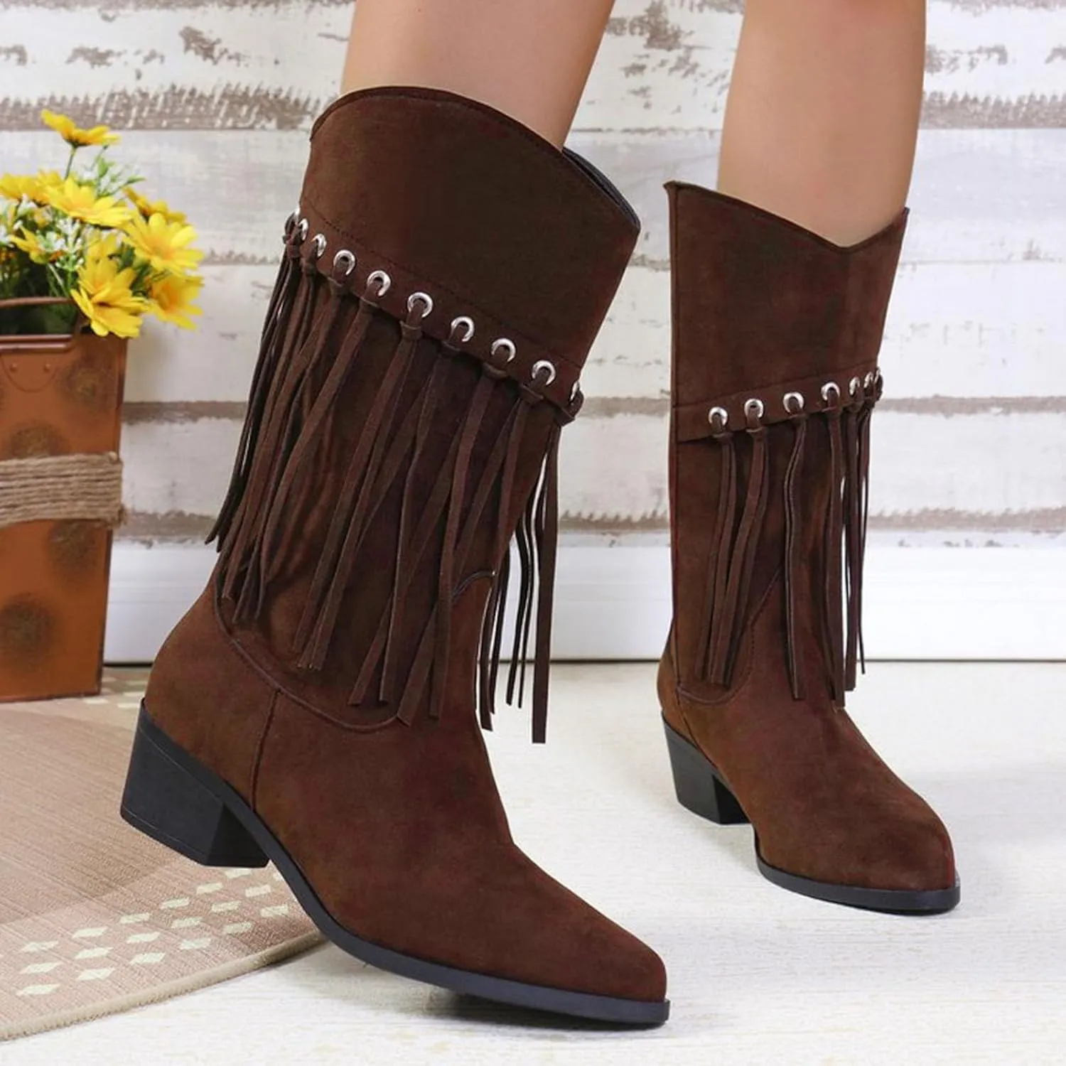 Cowboy Boots for Women, Womens Fringe Faux Suede Boots Retro Cowgirl Boots Pointed Toe Low Heel Mid Calf Boots