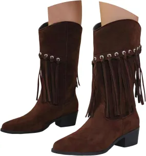 Cowboy Boots for Women, Womens Fringe Faux Suede Boots Retro Cowgirl Boots Pointed Toe Low Heel Mid Calf Boots