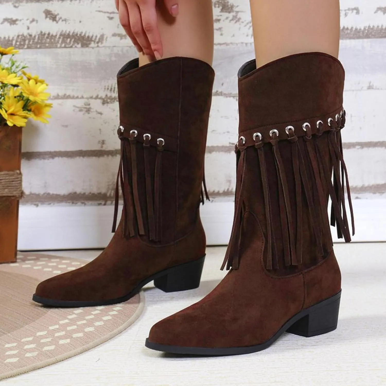 Cowboy Boots for Women, Womens Fringe Faux Suede Boots Retro Cowgirl Boots Pointed Toe Low Heel Mid Calf Boots