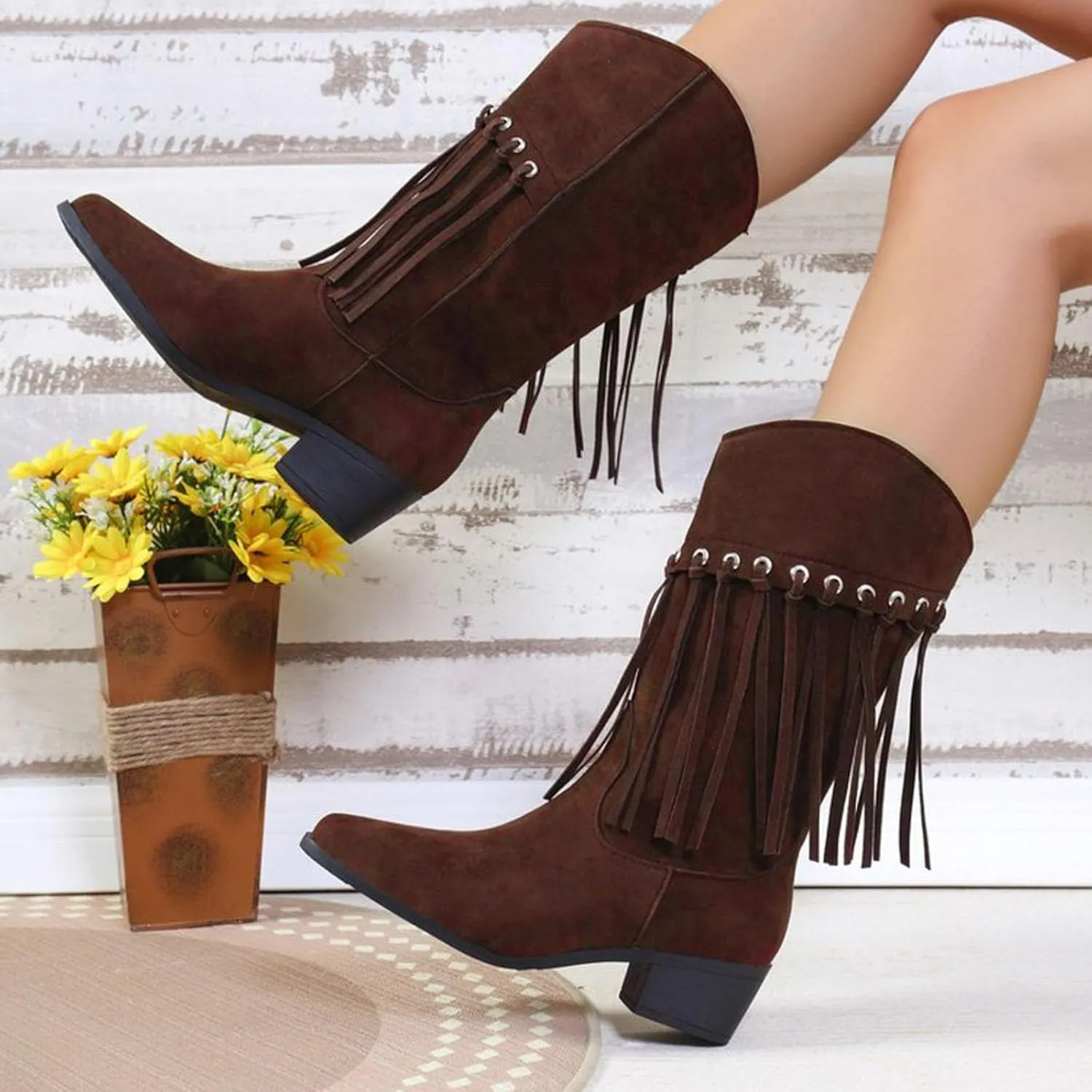 Cowboy Boots for Women, Womens Fringe Faux Suede Boots Retro Cowgirl Boots Pointed Toe Low Heel Mid Calf Boots