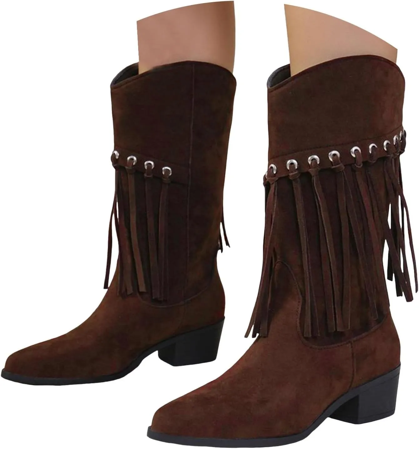 Cowboy Boots for Women, Womens Fringe Faux Suede Boots Retro Cowgirl Boots Pointed Toe Low Heel Mid Calf Boots