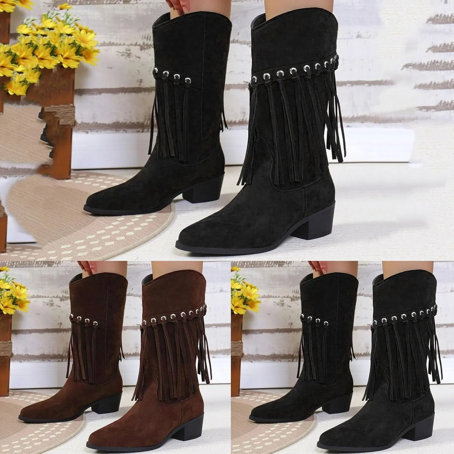 Cowboy Boots for Women, Womens Fringe Faux Suede Boots Retro Cowgirl Boots Pointed Toe Low Heel Mid Calf Boots