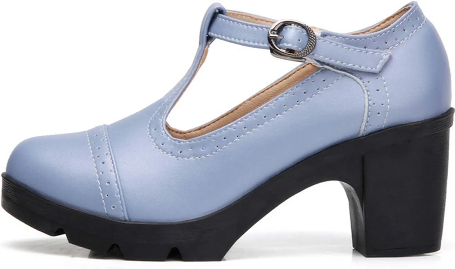 DADAWEN Women's Classic T-Strap Platform Mid-Heel Square Toe Oxfords Dress Shoes