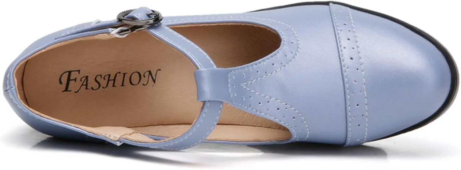 DADAWEN Women's Classic T-Strap Platform Mid-Heel Square Toe Oxfords Dress Shoes