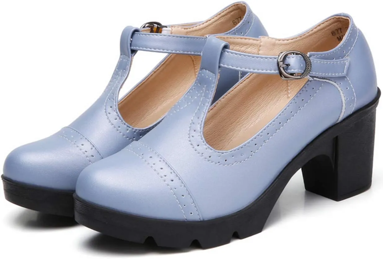 DADAWEN Women's Classic T-Strap Platform Mid-Heel Square Toe Oxfords Dress Shoes