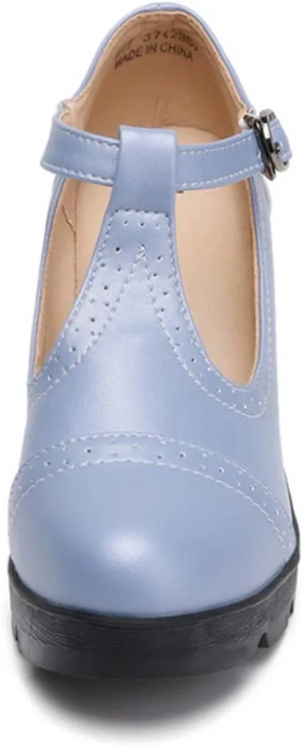 DADAWEN Women's Classic T-Strap Platform Mid-Heel Square Toe Oxfords Dress Shoes