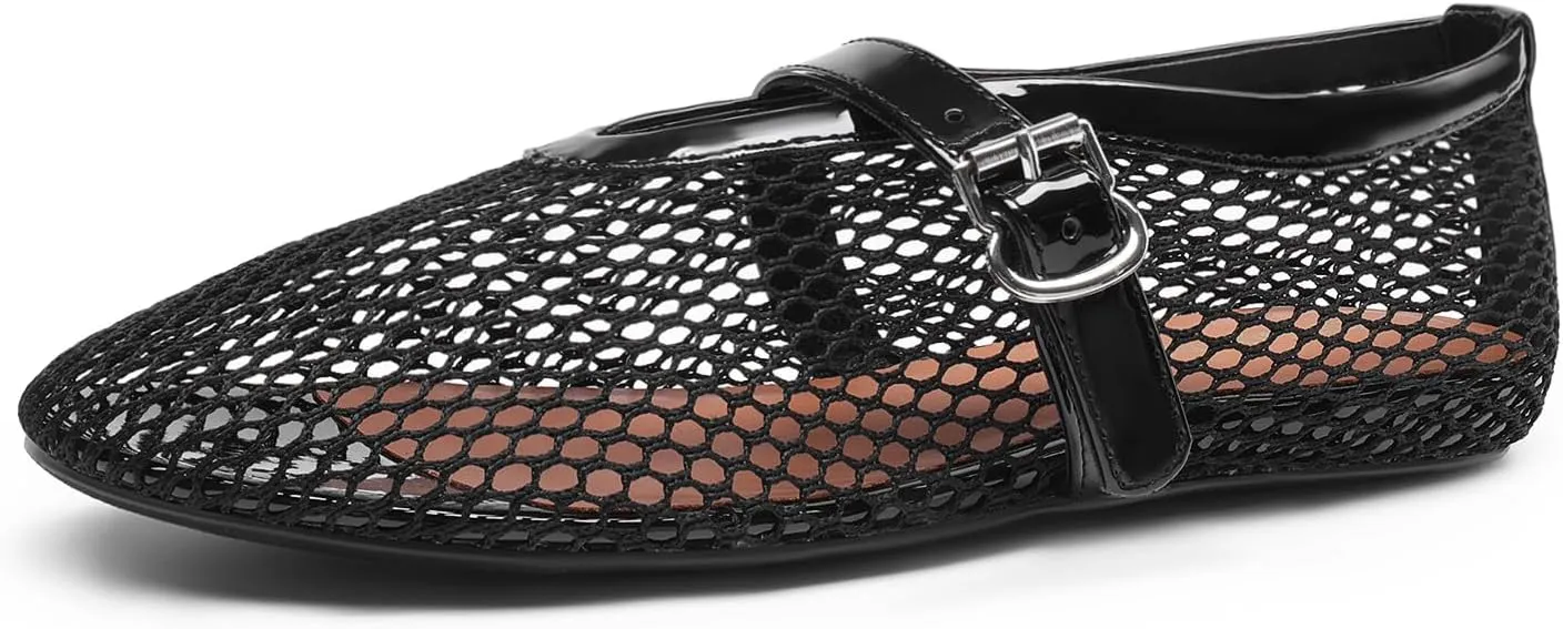 DREAM PAIRS Women's Mesh Ballet Flats Dressy Round Toe Comfortable Mary Jane Flat Shoes with Buckle Strap