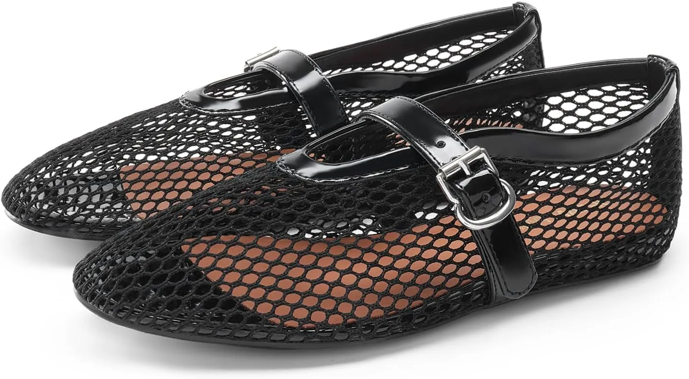DREAM PAIRS Women's Mesh Ballet Flats Dressy Round Toe Comfortable Mary Jane Flat Shoes with Buckle Strap