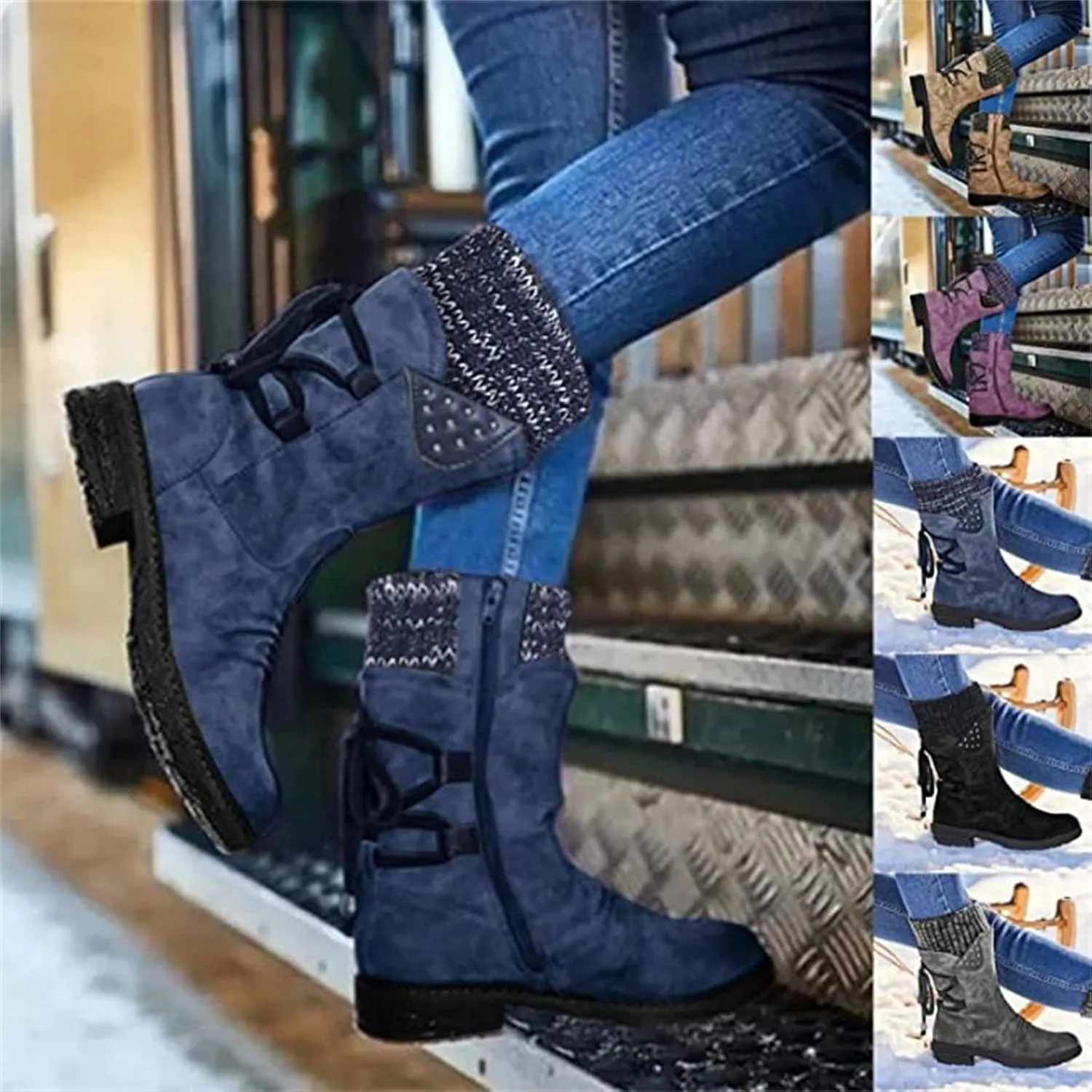 Fall Boots For Women 2024 Wide Calf Mid Calf Dress Biker Boots Side Zipper Low Heel Motorcycle Combat Riding Booties