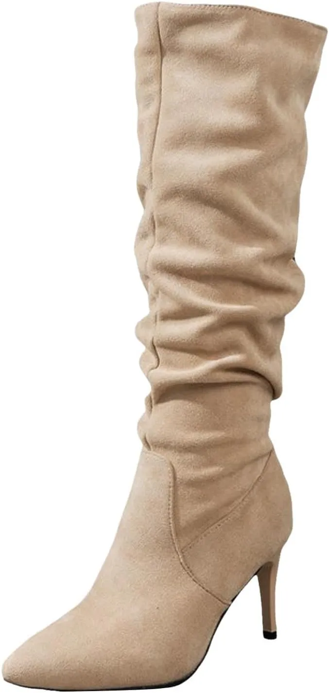 Fall Boots Womens Slouchy Pleated Pointed Toe Stiletto Knee High Boots Thigh High Boots for Women Camo Tall Boots
