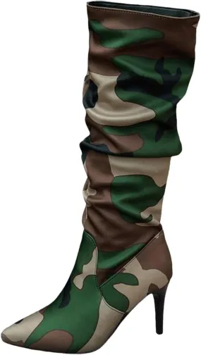 Fall Boots Womens Slouchy Pleated Pointed Toe Stiletto Knee High Boots Thigh High Boots for Women Camo Tall Boots