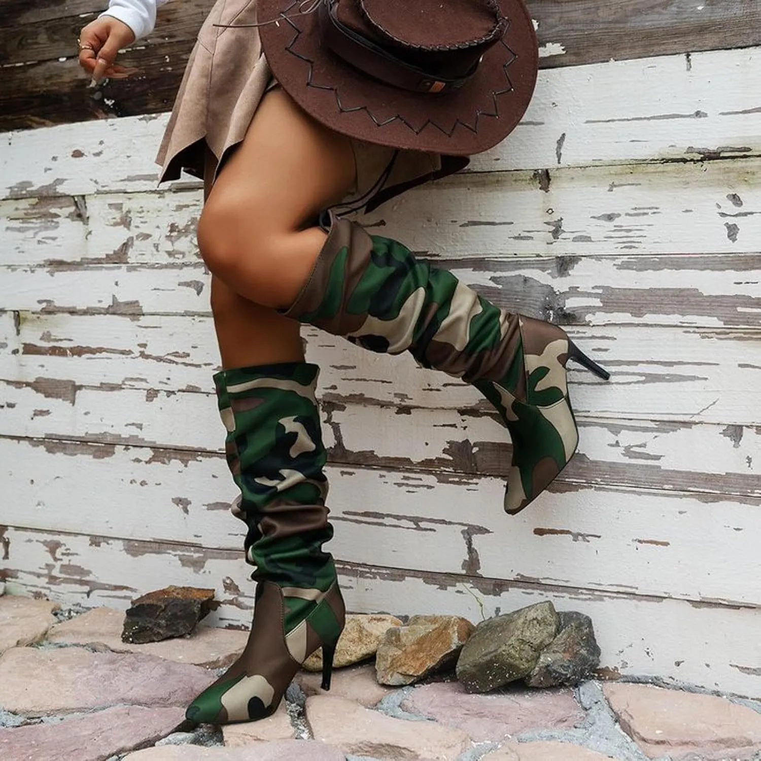 Fall Boots Womens Slouchy Pleated Pointed Toe Stiletto Knee High Boots Thigh High Boots for Women Camo Tall Boots