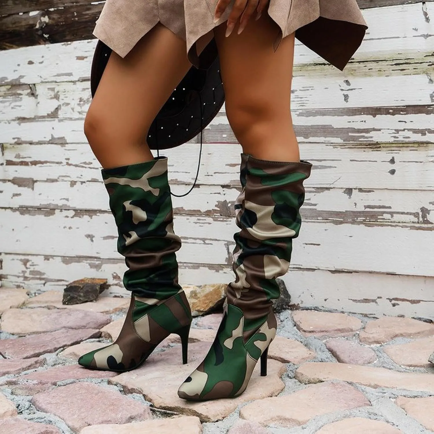 Fall Boots Womens Slouchy Pleated Pointed Toe Stiletto Knee High Boots Thigh High Boots for Women Camo Tall Boots