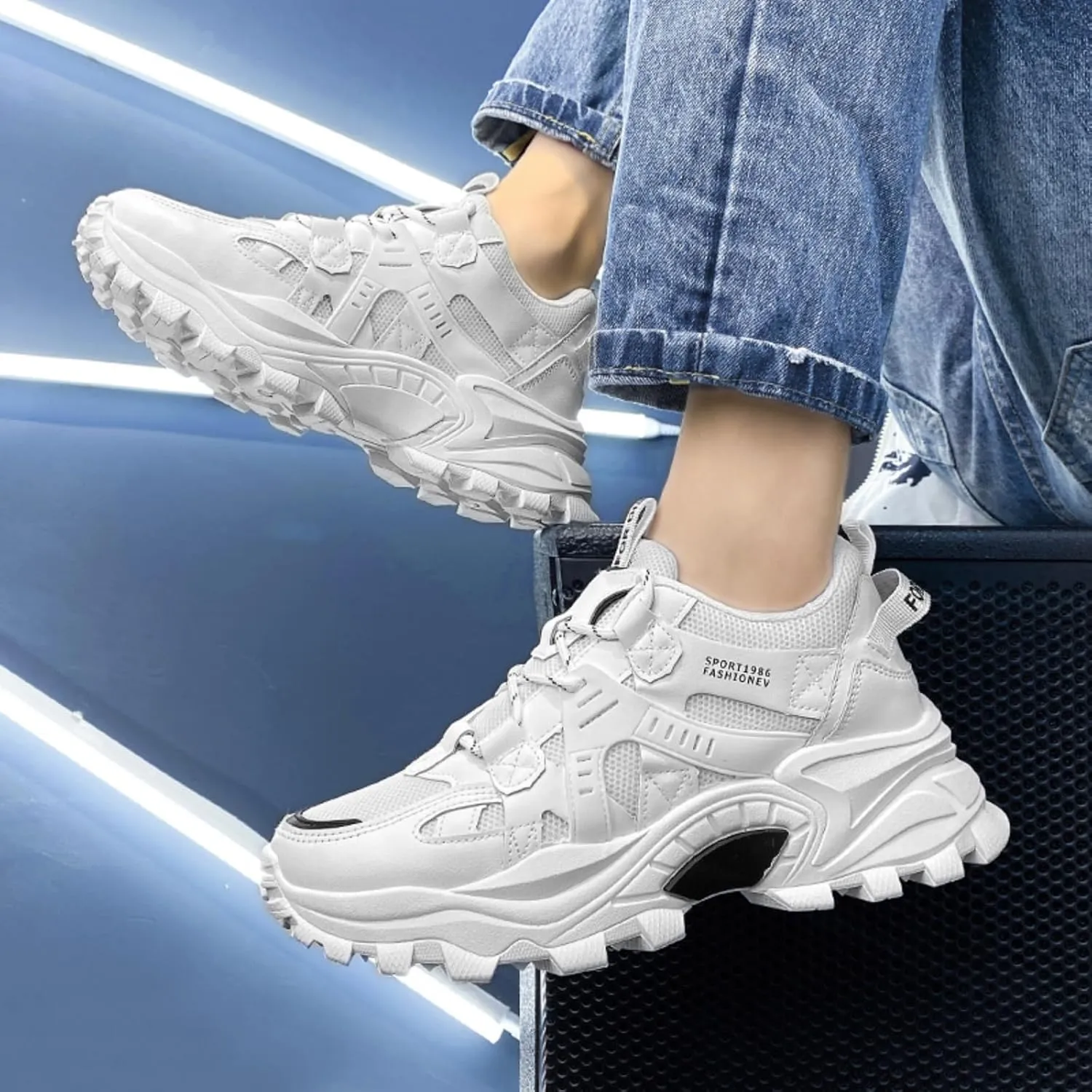 Fashion Sneakers for Mens Comfortable Lace Up Chunky Shoes Mid-Top Casual Platform Durable Sneakers Shoes for Outdoor Walking