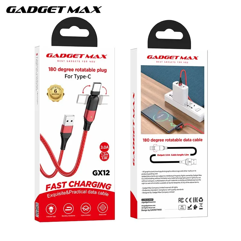 GADGET MAX GX12 FAST CHARGING EXQUISITE & PRACTICAL DATA CABLE FOR TYPE-C (3A) (1.2M) - RED