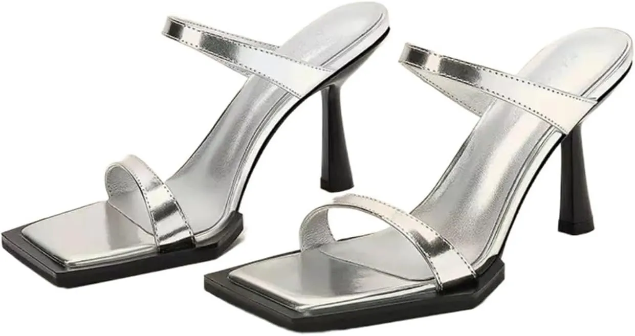High Heels Square head open toe high heels chain genuine leather women's shoes stiletto black sexy sandals