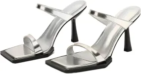 High Heels Square head open toe high heels chain genuine leather women's shoes stiletto black sexy sandals