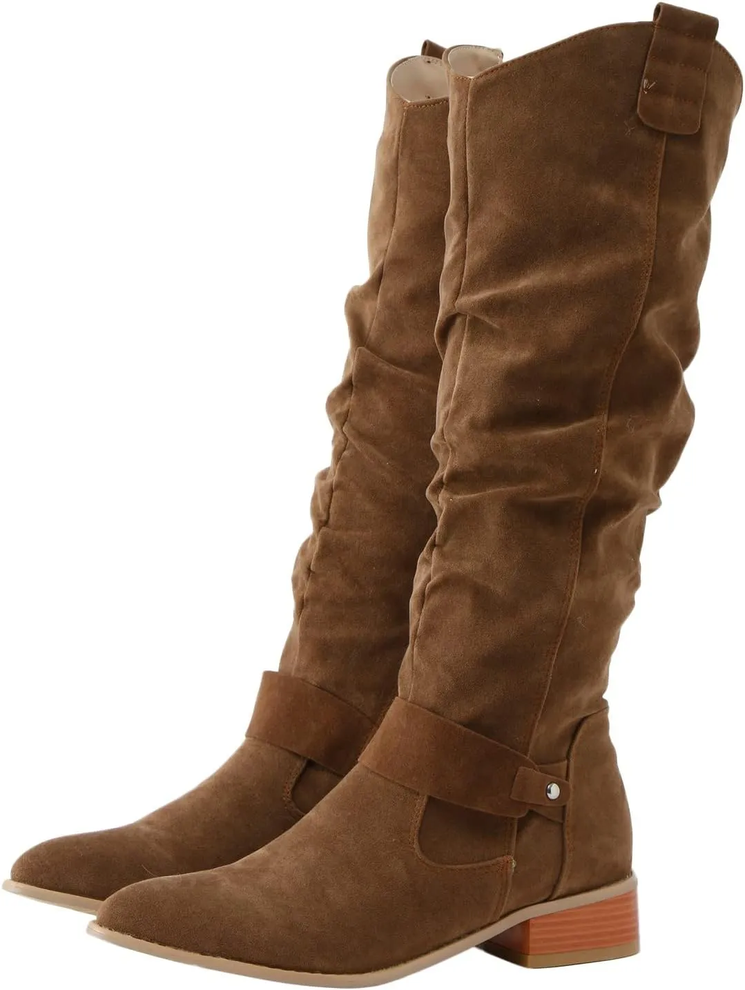 Hiking Boots Women Retro Solid Color Thigh High Boots Pleated Suede Chunky Heeled Knee High Cowgirl Boots